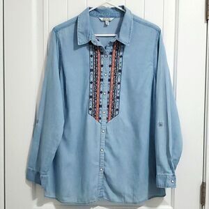 Krazy Kat womans embroidered, pearl snap, demin shirt, size large